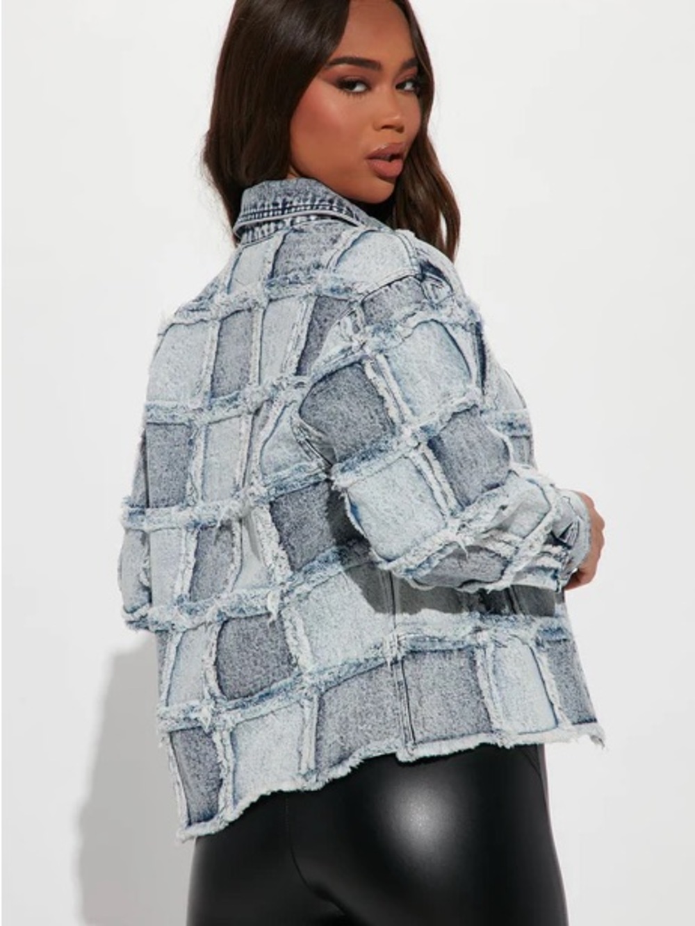 Fashion Nova Two-Tone Patchwork Light Wash Jean Jacket - Picture 3 of 3